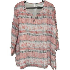Alfred Dunner Women's 3/4 Long Sleeve Blouse Top Stripe Marble Pink Gray Plus 18